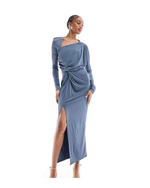 ASOS Blue Design Asymmetric Ruched Knot Midi Pencil Dress