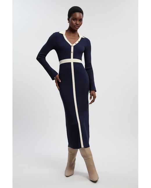 Karen Millen Blue Petite Knit Rib With Contrast Waist Detail Collared Midi Dress
