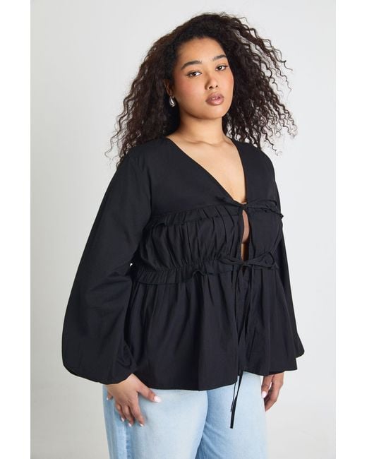 Boohoo Black Plus Ruched Tie Front Detail Smock Top
