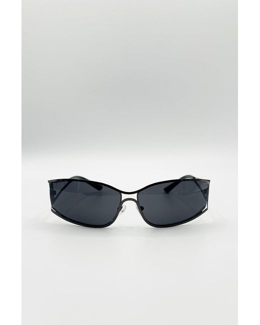 SVNX Brown Retangle Wrap Around Metal Sunglasses