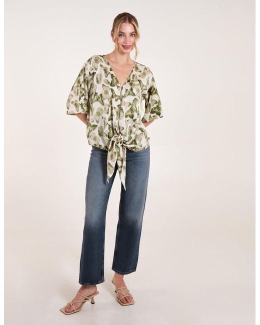 Blue Vanilla Natural Tie Front Watercolour Butterfly Printed Top