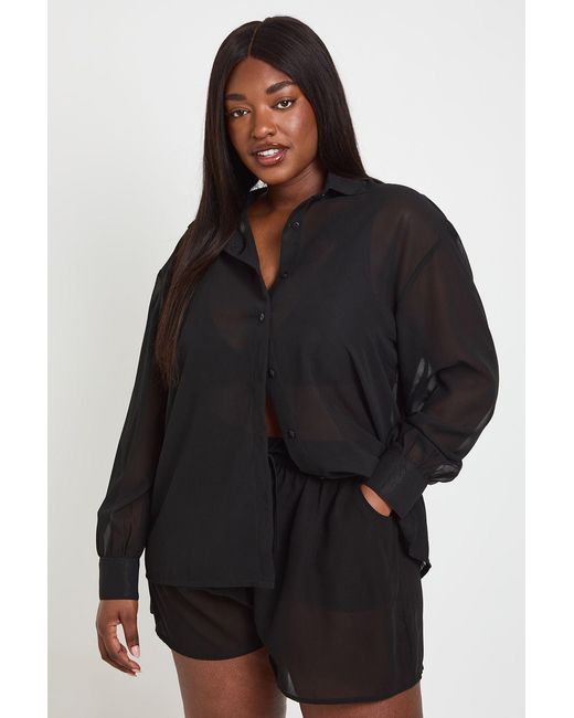 Boohoo Black Plus Chiffon Beach Shirt