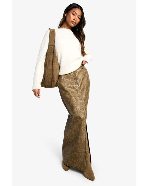 Boohoo Blue Washed Pu Split Front Maxi Skirt
