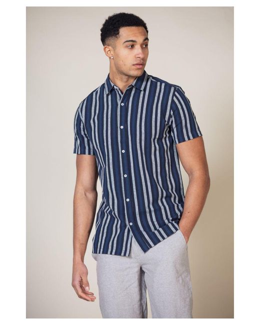 Nordam Blue 'Terence' Cotton Linen Blend Short Sleeve Button-Up Striped Shirt for men