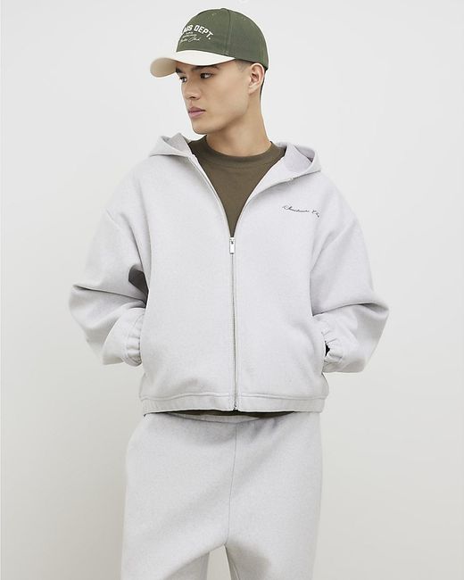 River Island White Hoodie Oversized Fit Zip Through for men