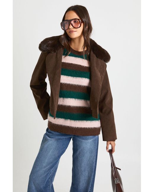 Boohoo Brown Short Suede Look Trench Coat With Fur Collar