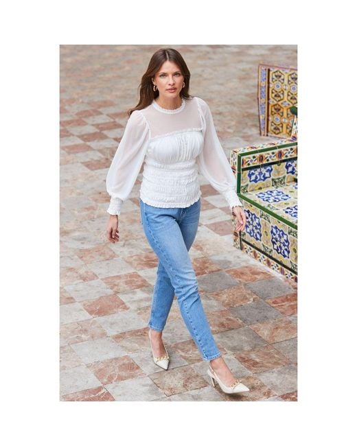 Sosandar White Ivory Shirred Detail Mesh Sleeve Top