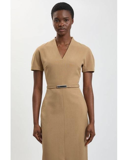 Karen Millen Natural Petite Compact Stretch Tailored Belted Midi Pencil Dress