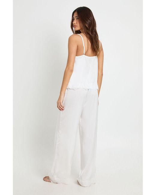 Boohoo White Eyelash Lace Trim Cami & Trouser Pyjama Set
