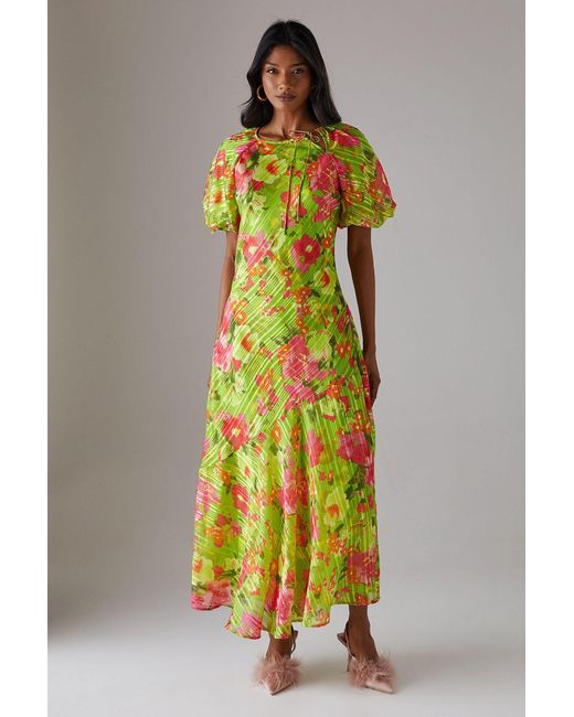Warehouse Multicolor Shadow Stripe Tie Neck Bias Midi Dress