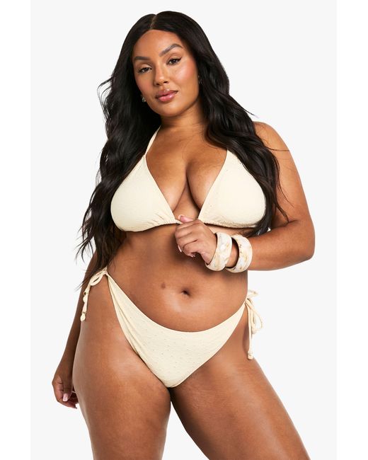 Boohoo Brown Plus Shell Trim Broderie Tie Front Highwaist Bikini