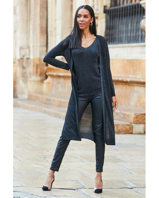 Sosandar Blue Pewter Metallic Super Sparkly Longline Cardigan