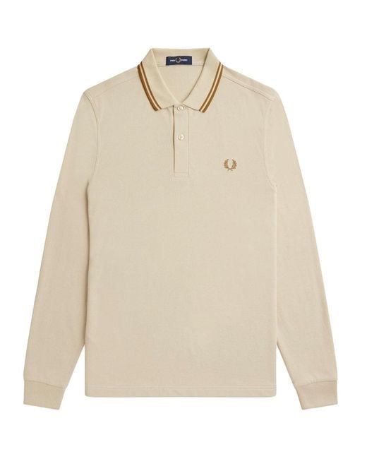 Fred Perry Natural Long Sleeve Twin Tipped Oatmeal Polo Shirt Cotton for men