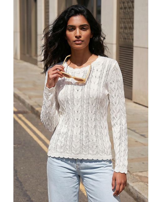 Roman White Scallop Trim Cable Knit Jumper