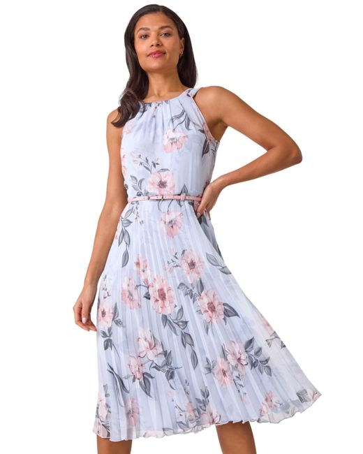 Roman White Floral Pleated Halter Midi Dress