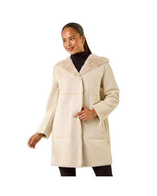 Roman Natural Petite Faux Sheepskin Hooded Coat