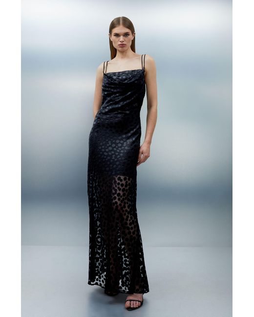 Karen Millen Blue Polka Dot Devore Strappy Woven Maxi Dress