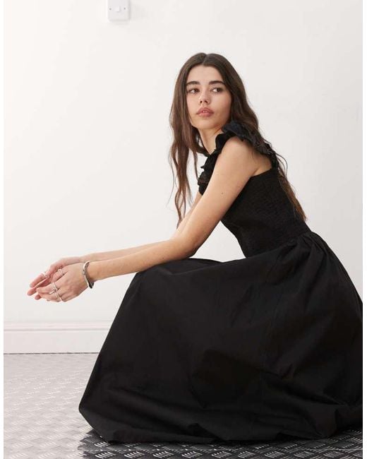 Collusion Black Woven Ruched Strap Midi Dress
