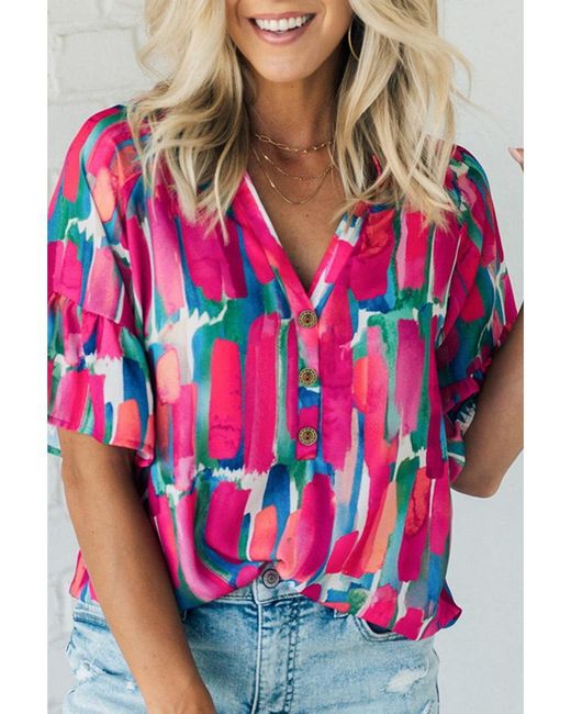 Azura Exchange Roze Abstracte Kwastwerk Print Blouse Met Knopen En V-hals in het Red
