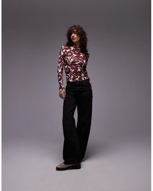 TOPSHOP Red Microfibre All Over Floral Long Sleeve Top