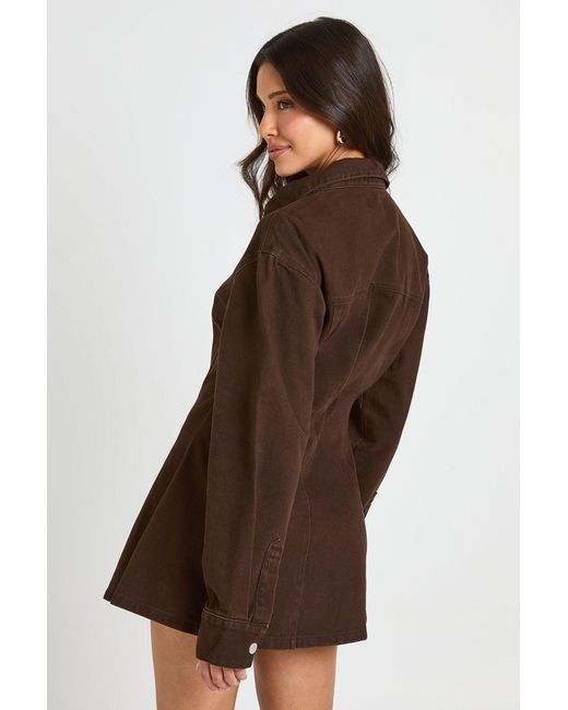 Boohoo Brown Long Sleeve Cinched Waist Denim Dress