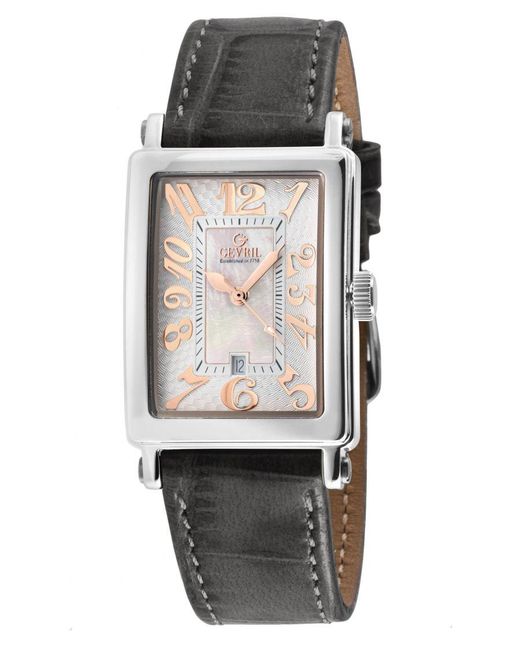 Gevril Black Ave Of Americas Mini Swiss Quartz Mop Dial Watch, Genuine Charcoal Handmade Leather