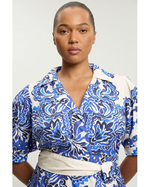 Karen Millen Blue Plus Size Tile Print Cotton Poplin Midi Dress