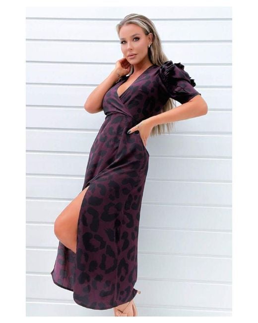 AX Paris Blue Plum Animal Print Pleated Sleeve Midi Dress