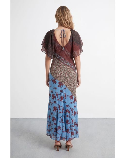 Warehouse Blue Premium Floral Border Print Fluted Sleeve Maxi