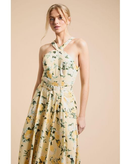 Oasis Natural Lemon Floral Halter Cotton Poplin Midi Dress