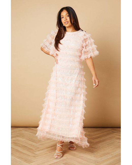 Oasis Natural Petite Sequin Ruffle Detail Maxi Dress