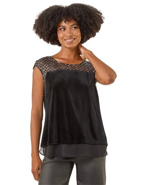 Roman Black Velvet Sequin Mesh Top