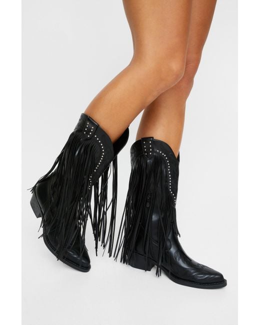 Nasty Gal Black Faux Leather Tassel Studded Western Boots