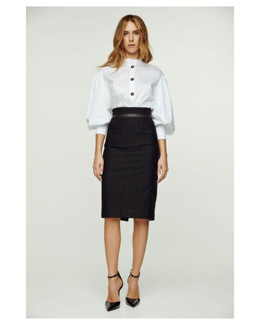 Conquista Gray Striped Pencil Skirt With Leather Detail