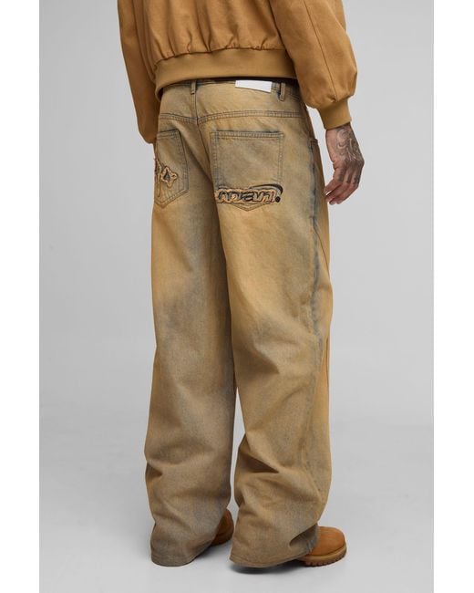 BoohooMAN Natural Tall Baggy Fit Washed Star Applique Jeans for men