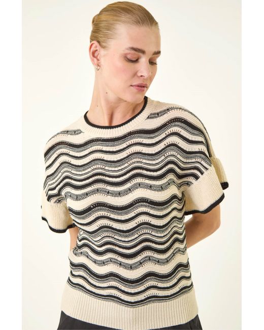 Roman Gray Stripe Wave Frill Knit Top