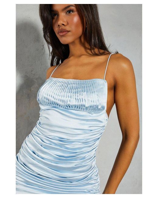 MissPap Blue Premium Satin Ruched Detail Mini Slip Dress