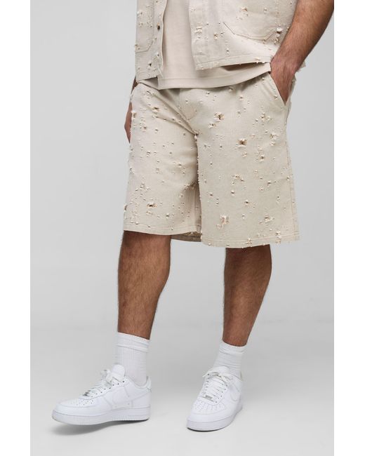 BoohooMAN Natural Plus Nibbled Denim Relaxed Fit Shorts for men