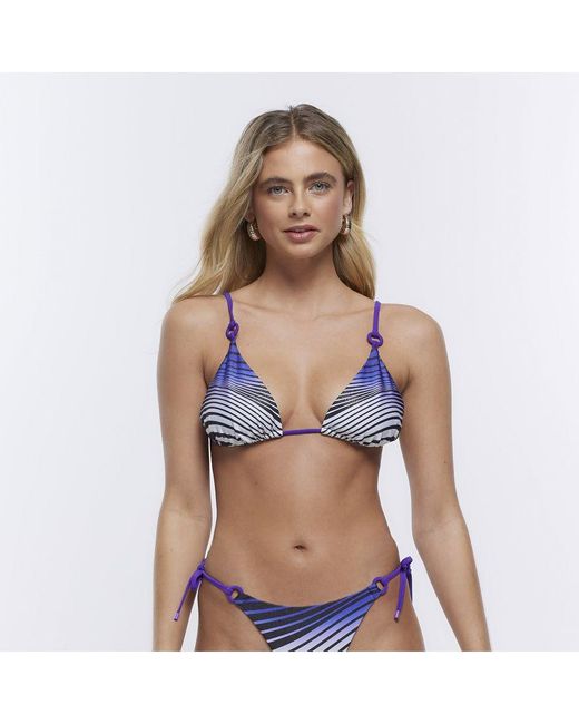 River Island Blue Triangle Bikini Top Stripe Nylon