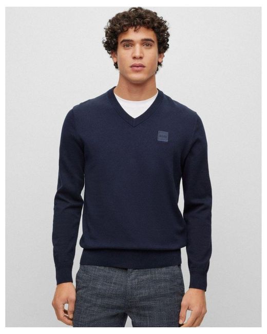 Boss Blue Boss Kanovano Cotton-Cashmere Jumper With Logo Patch for men