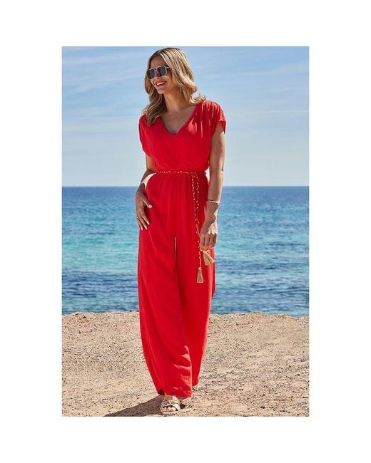 Sosandar Red Coral Wide Leg Crinkle Jumpsuit With Tassel Belt