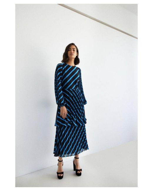 Warehouse Blue Stripe Pleated Double Layer Midi Dress