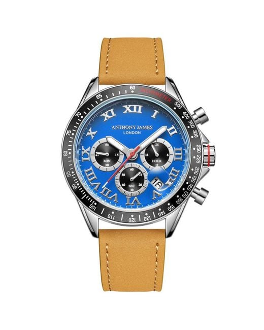 Anthony James Blue Hand Assembled Tachymeter Turbo Steel Leather for men