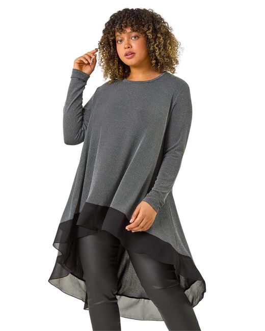 Roman Black Curve Glitter Chiffon Hem Tunic Top