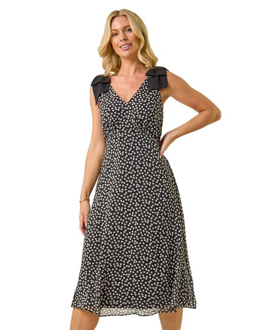 Roman Black Petite Spot Print Bow Midi Dress