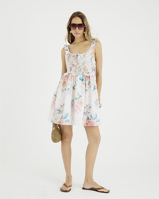 River Island White Mini Dress Floral Beach Scoop Neck Cotton