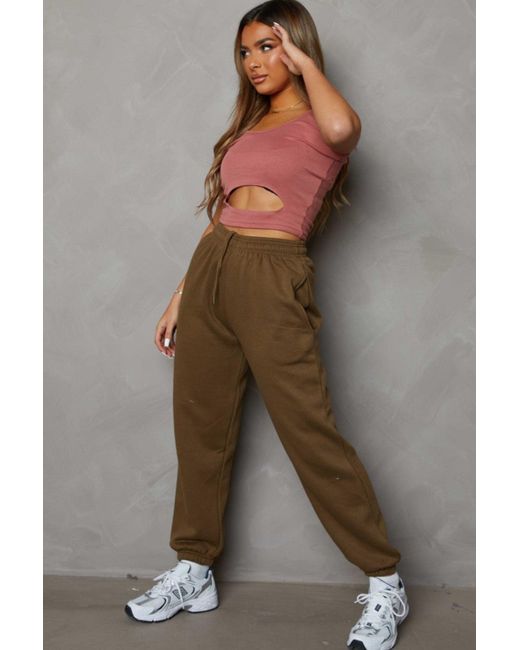 Femme Luxe Brown High Waisted Shirred Drawstring Pocket Detail Cuffed Joggers