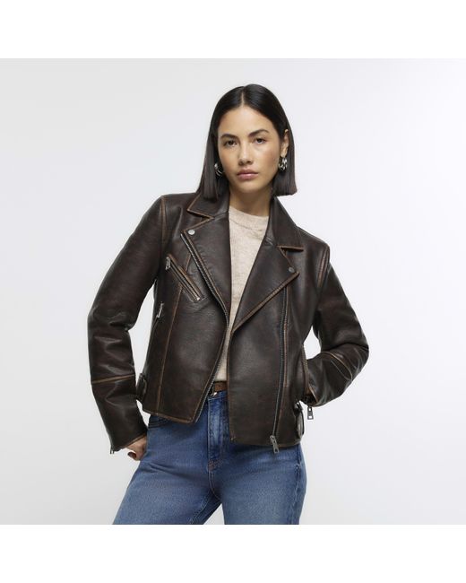 River Island Brown Biker Jacket Faux Leather Distressed Material_Pu