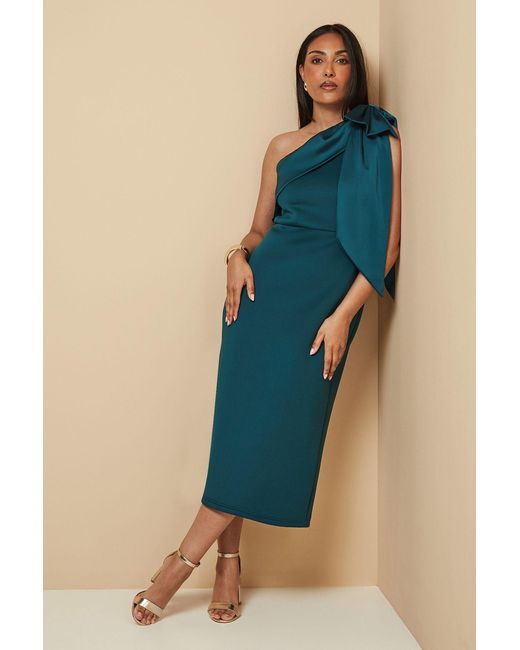 Wallis Blue Petite Occasion Scuba Corsage One Shoulder Midi Dress