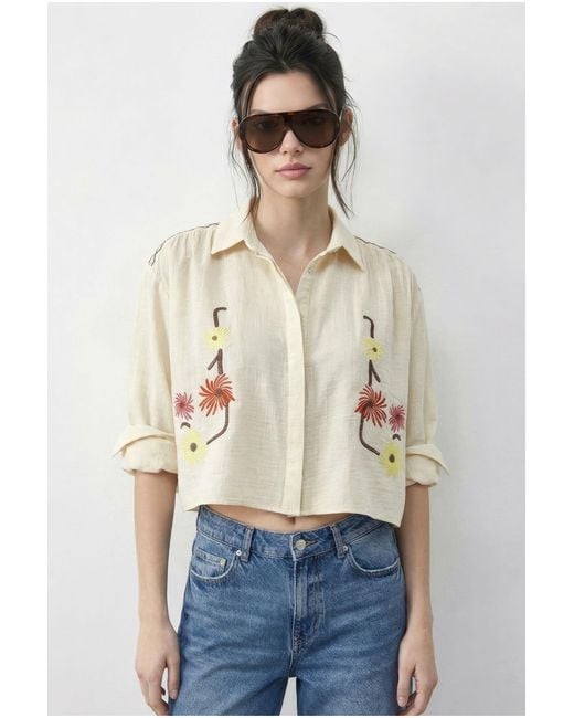 Bianco Lucci Natural Embroidered Crop Shirt With Button Closure